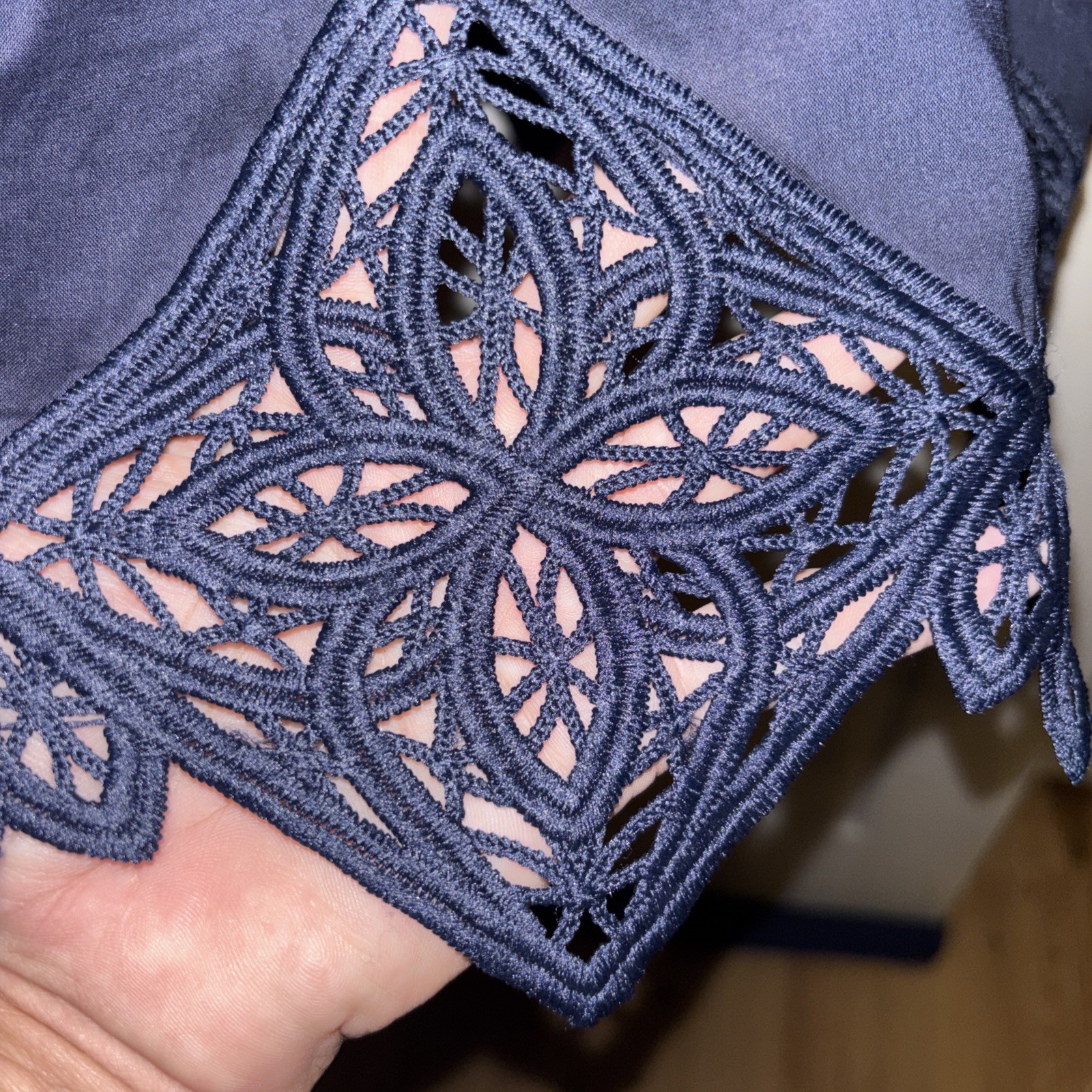 Chico’s Sz 3.5 = 18 Navy Blue Lace Trim Tunic Blouse Boho Top
