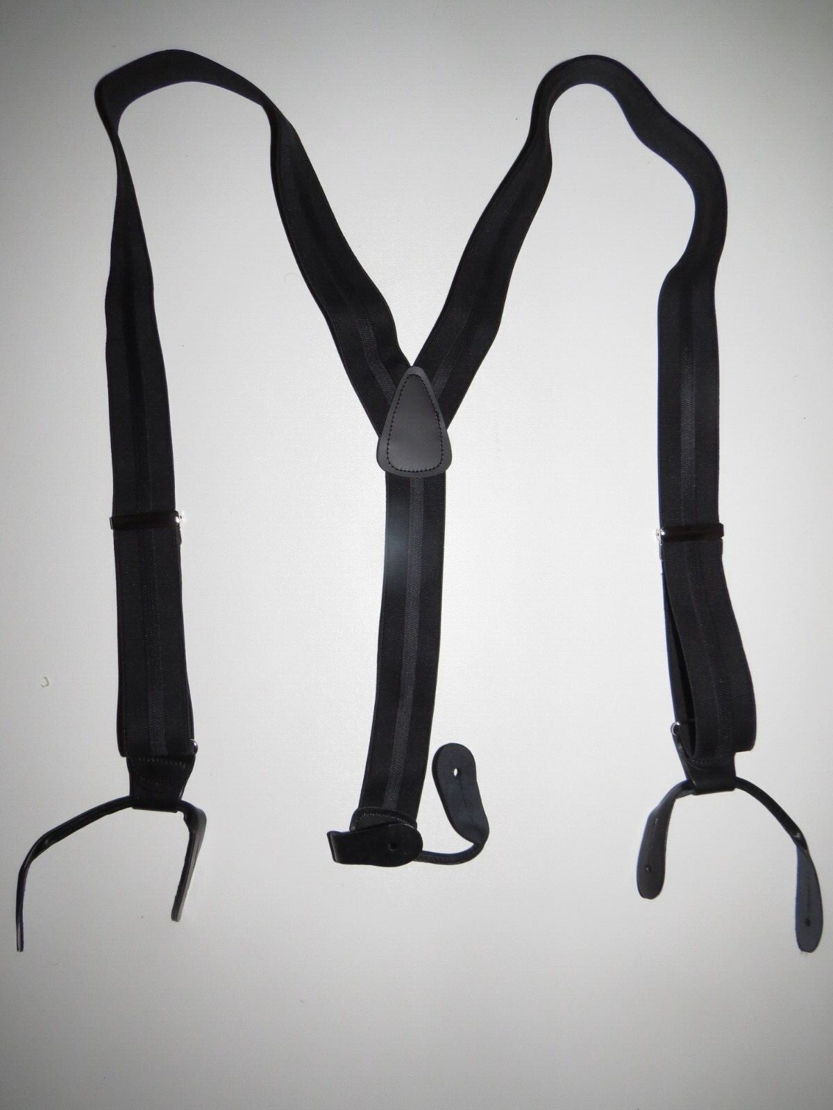 Men’s Suspenders, Y Style Hi Lite Grey Stripes, Button On with Leather Ears, USA