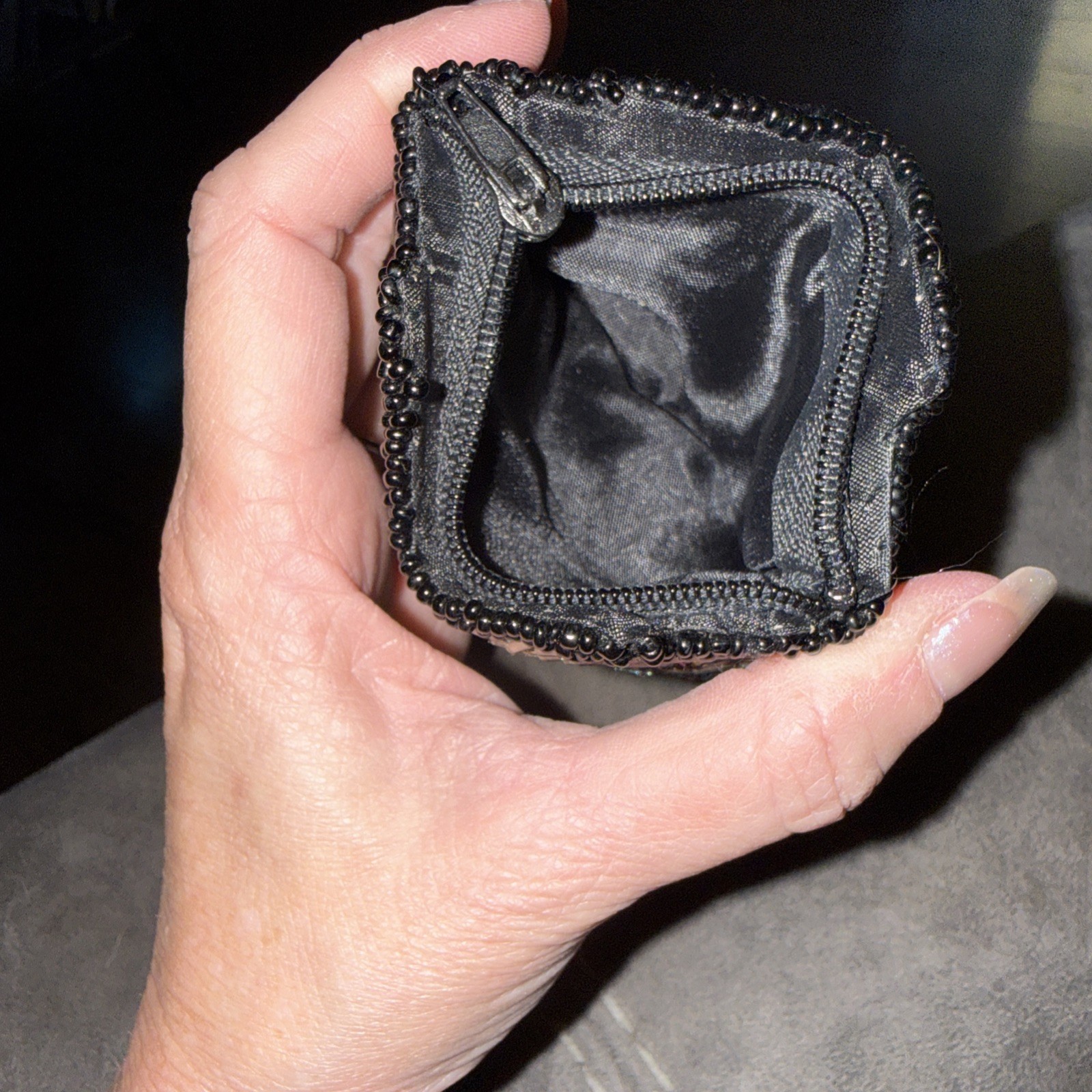 Beautifully Beaded Leaves Coin Purse Vintage 5 Inches 5 Inches Black.