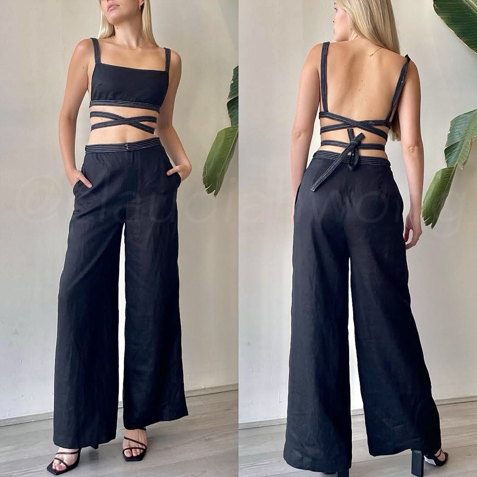 SIR THE LABEL 2-Piece Vilma Linen Black Wrap Bra Top + Wide Leg Pants SET Sz S