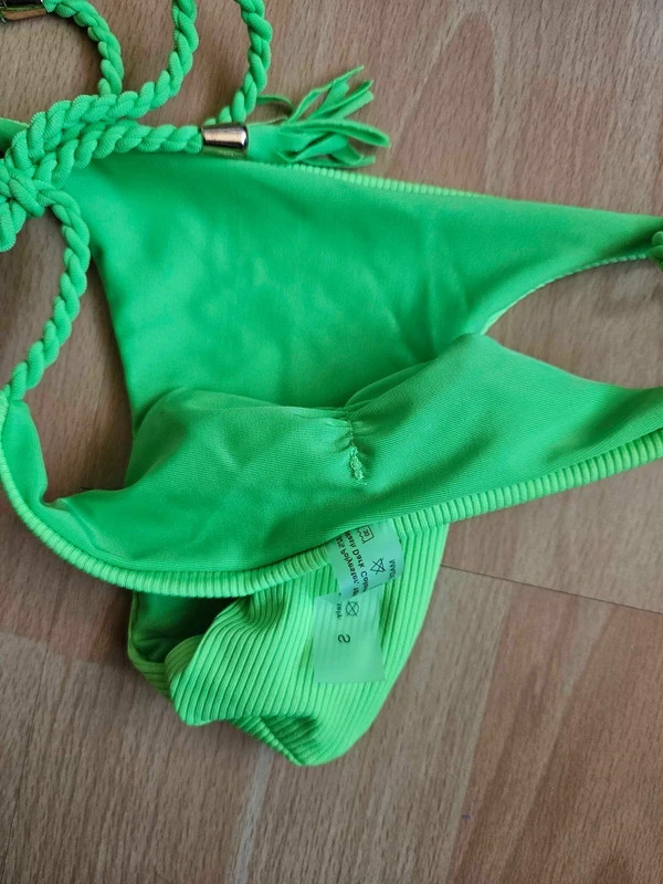 Shein Ribbed Fabric Handwoven Tassel Halter Neck Neon Green Lime Bikini Set