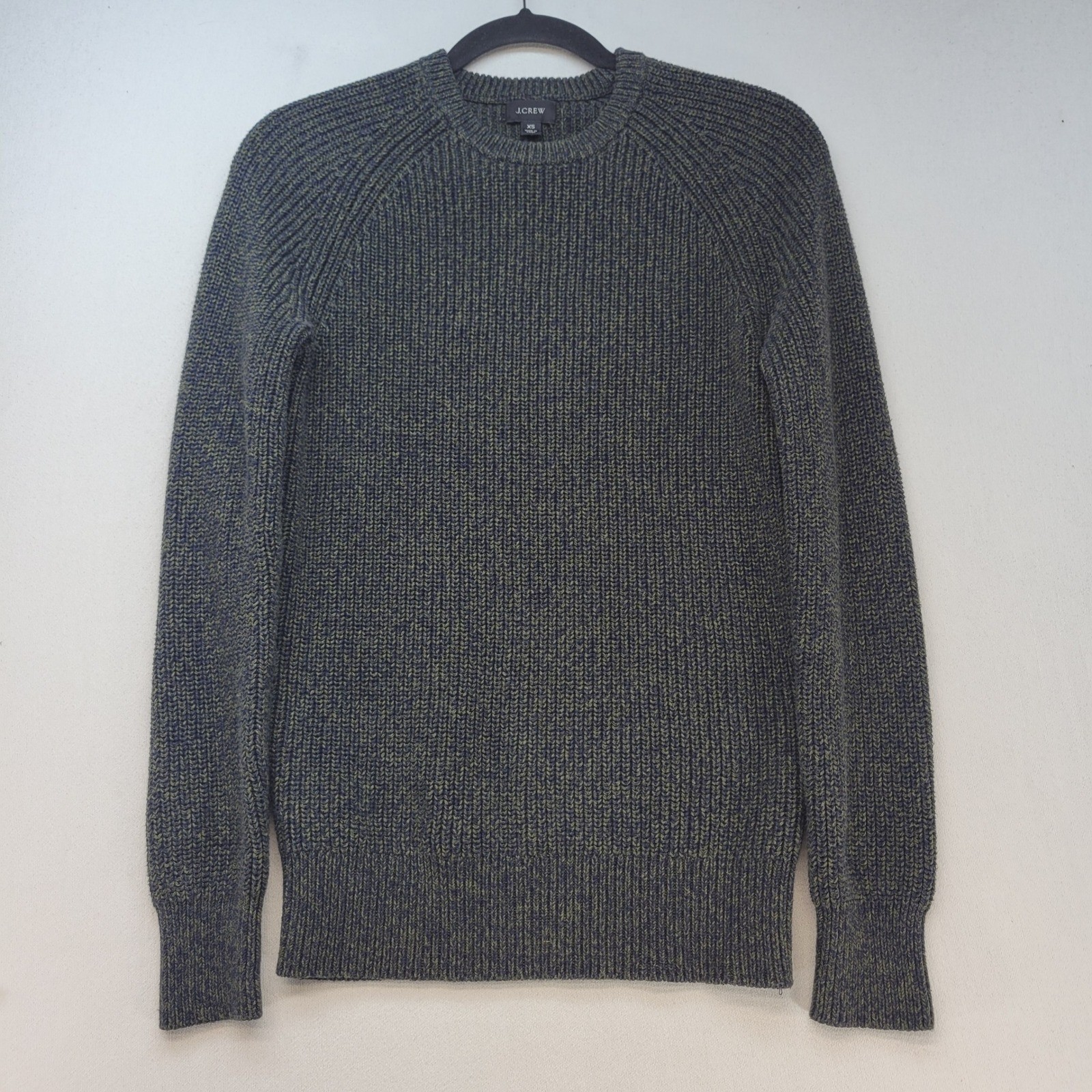 J.Crew Sweater Mens XS Green Blue Marled Shaker Stitch Cotton Chunky Knit Raglan