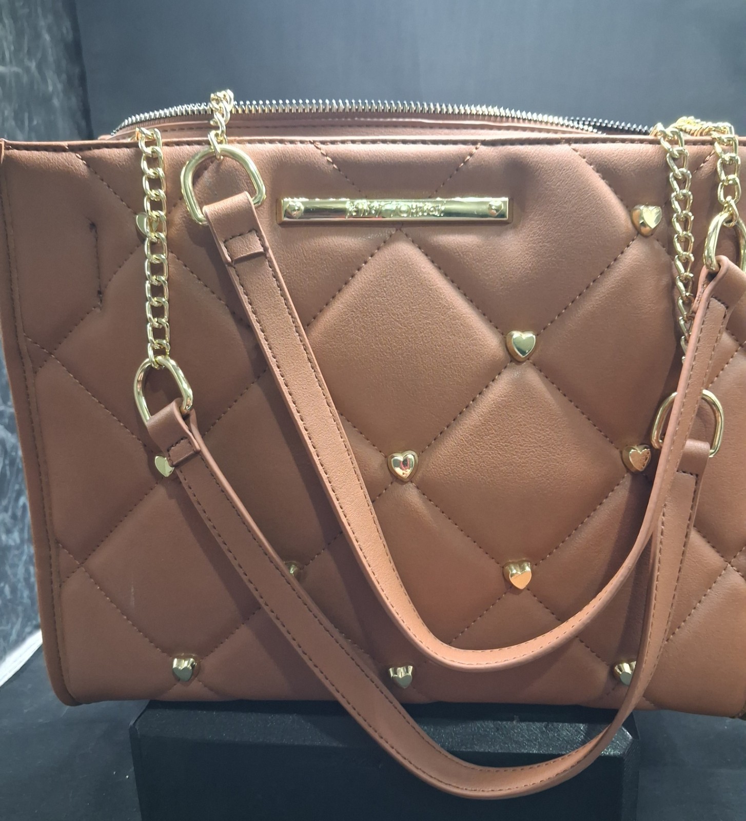 Betsey Johnson Brown Quilted Heart Studded Shoulder Bag, Zip, Floral Lining