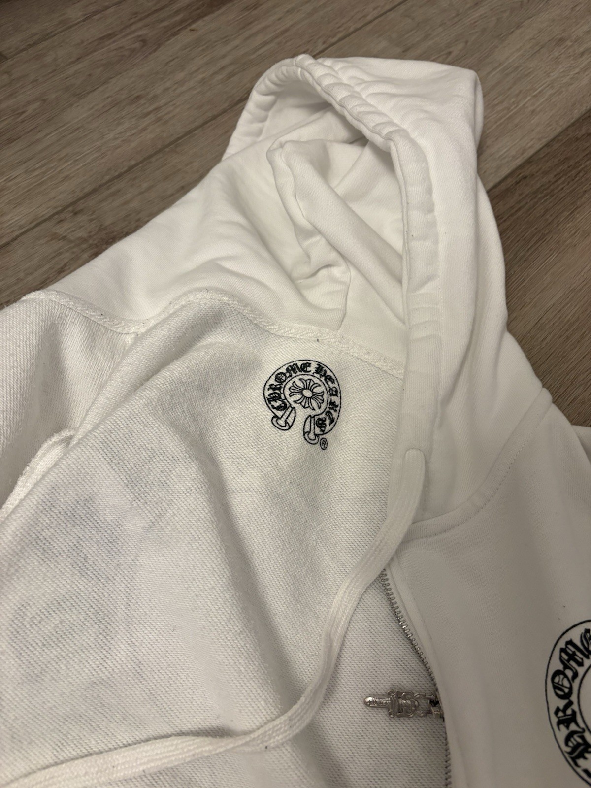 Chrome Hearts Men’s White Full Zip Hooded Cotton Knit Logo Hoodie Size S