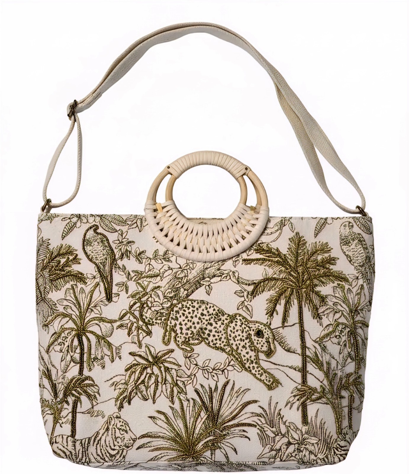 Designer Embroidery Safari Large Handbag With Round Woven Handles Detach Strap