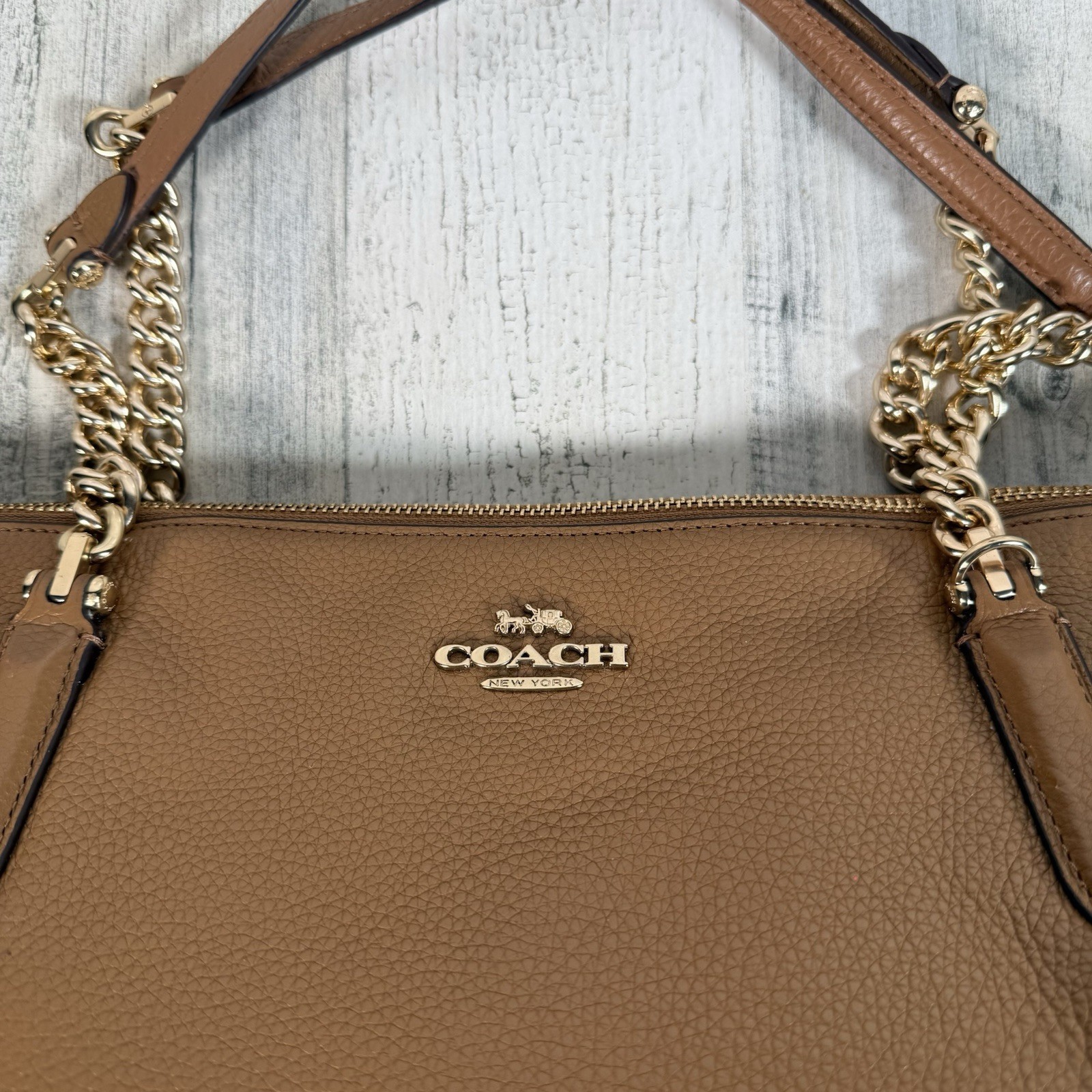 Coach Pebbled Leather Ava Chain Tote Style Purse Khaki