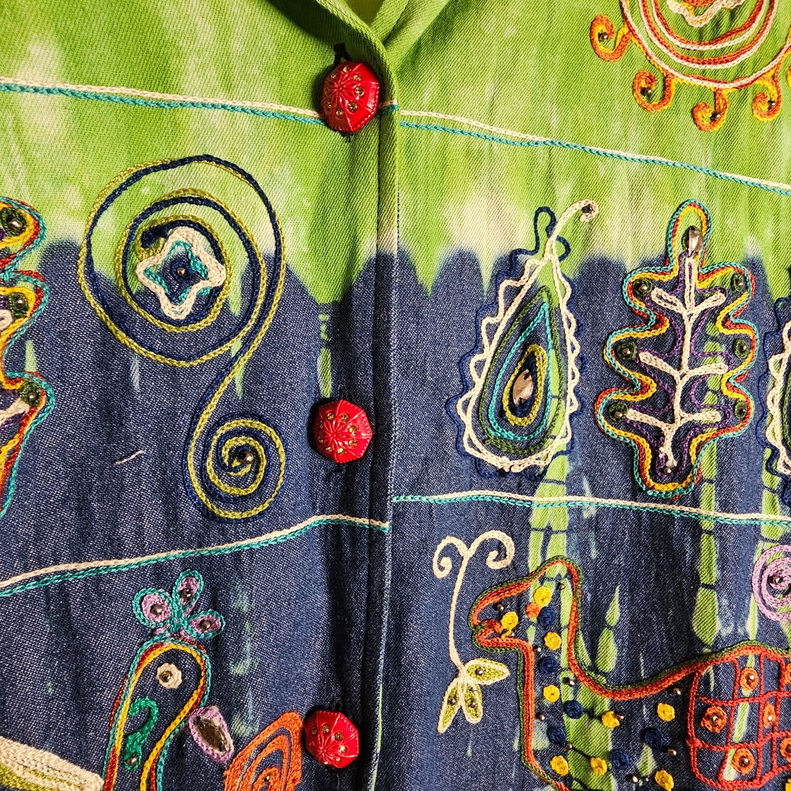 Indigo Moon Large Jacket Green Tie Dye Blue Denim Embroidered Beaded Boho Artsy