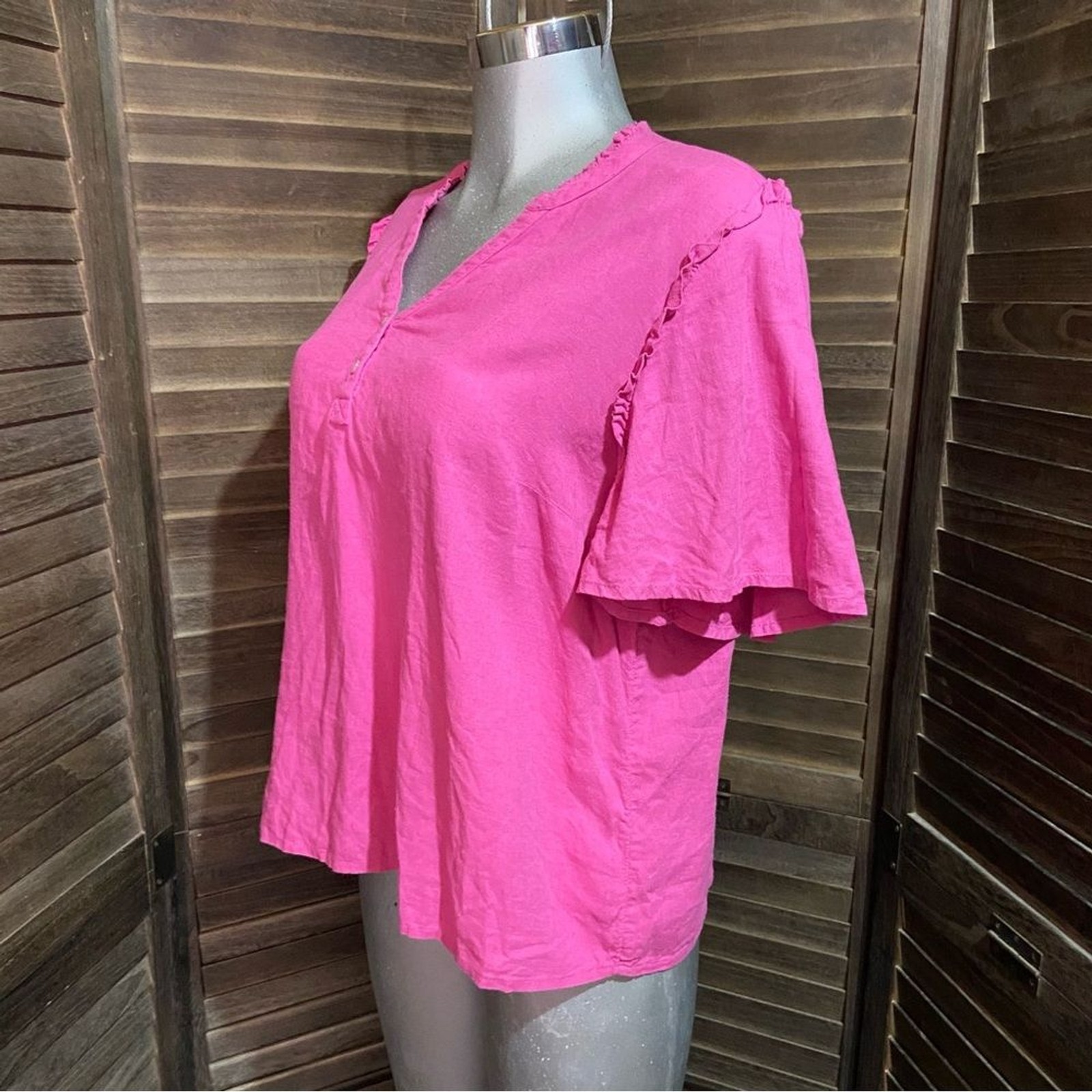 QVC Linen Candace Cameron Bure Blouse Top Size Medium Ruffle V-Neck Henley Pink