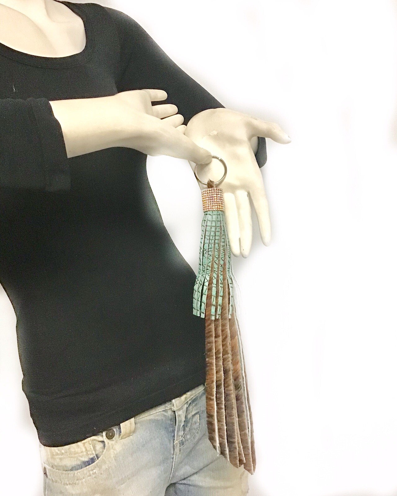 Raviani Fringe Keychain W/ Hair On Brindle & TQ Leather Purse Charm W/ Crystals