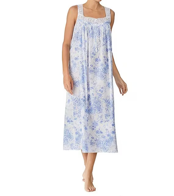 NWT Eileen West White/PERIWINKLE BLUE Floral 50″ Sleeveless Cotton Nightgown S