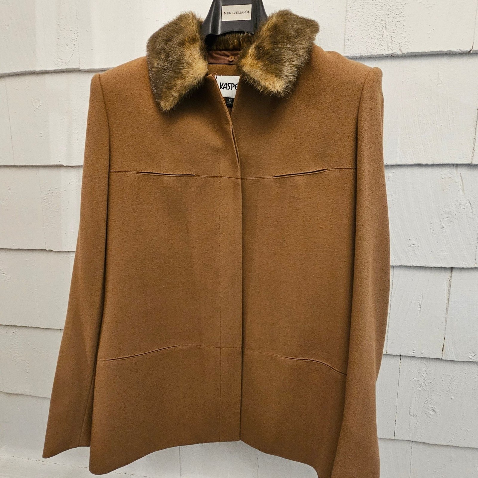 Kasper 2 Pc Pant Suit Women Size 12 Camel Brown Faux Fur Collar Career Pants Set