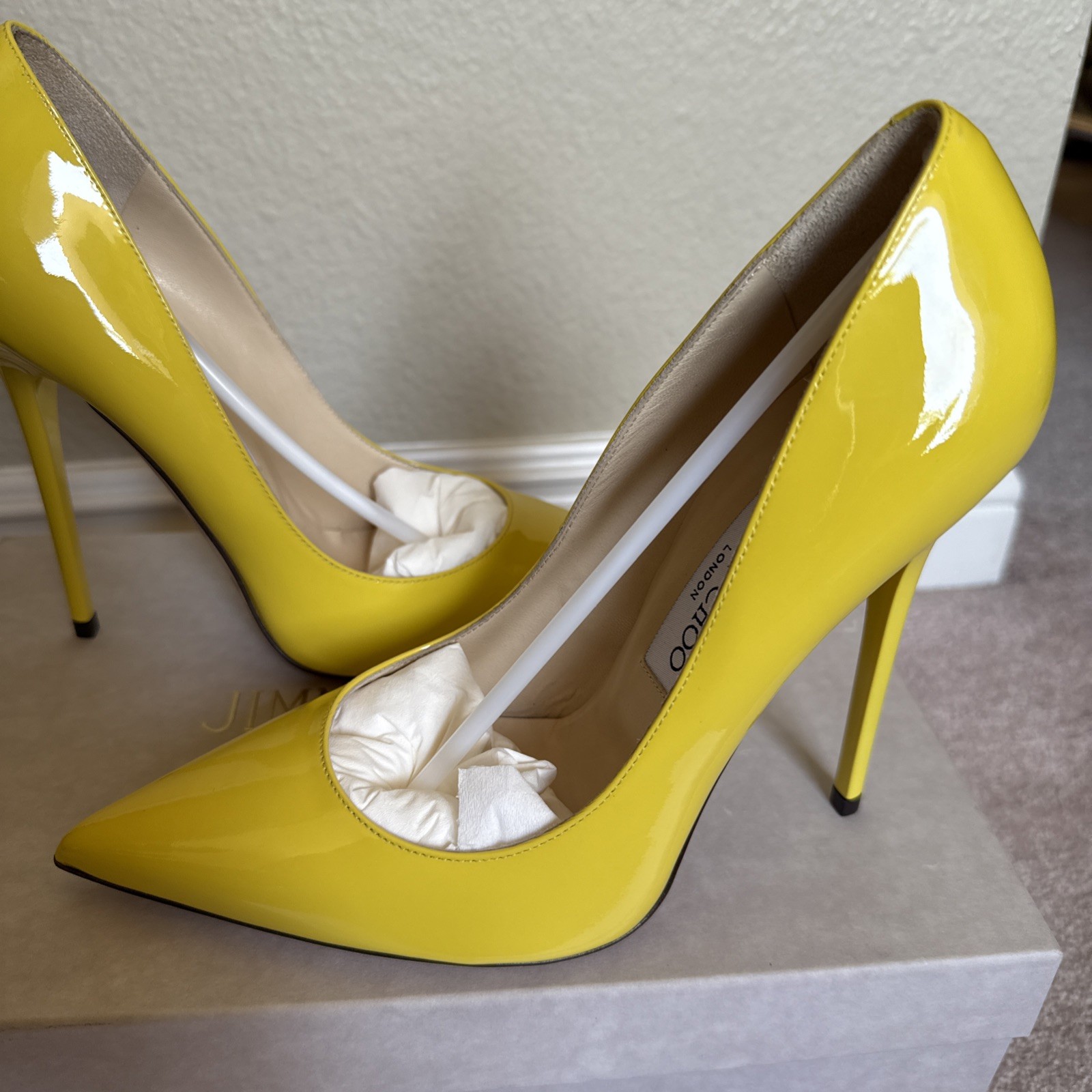 JIMMY CHOO Anouk Tacco 120 Patent Leather Point Toe Pump Yellow US 7 NIB RARE