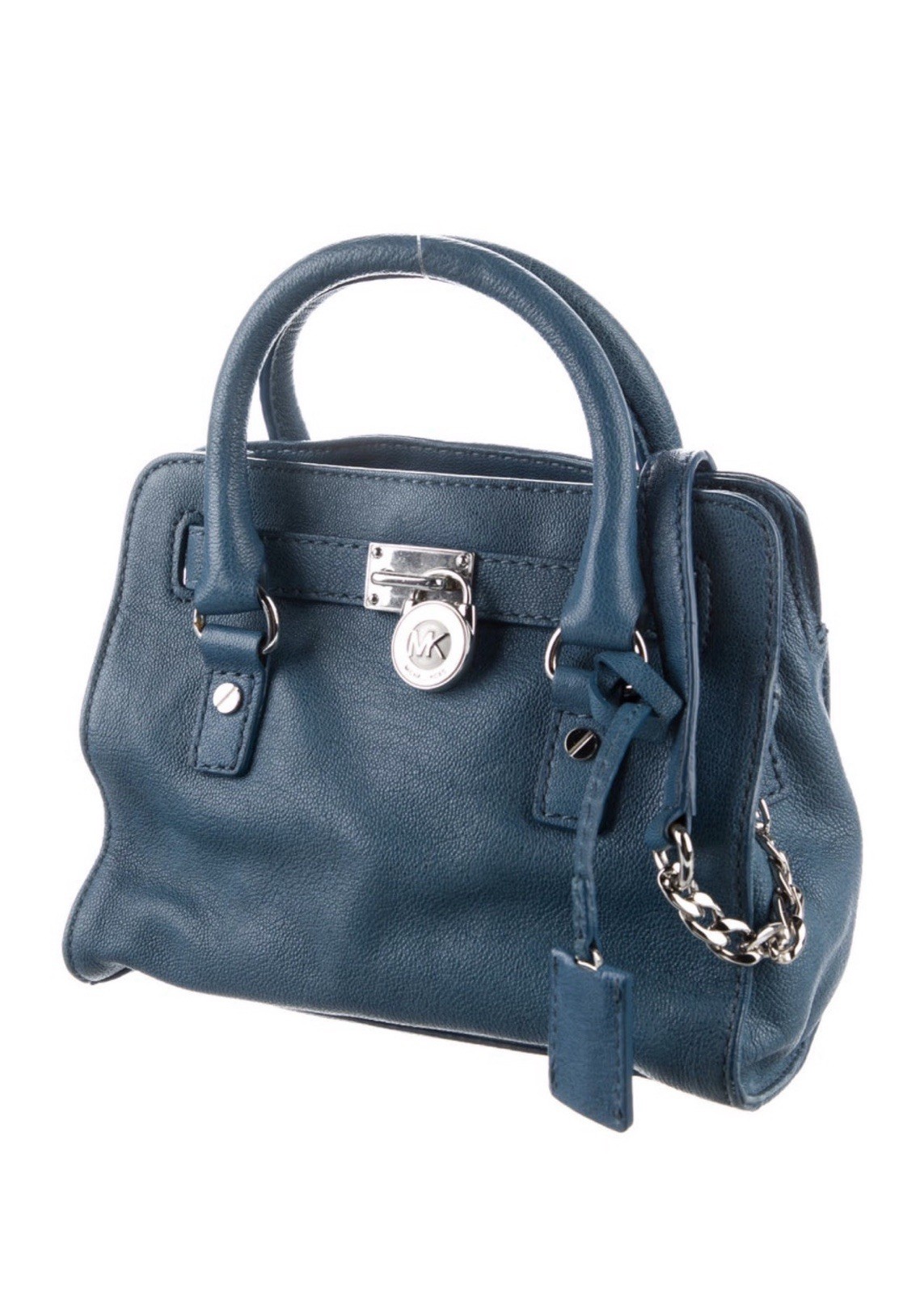 Michael Kors Blue Logo Satchel Top Handle Padlock Chain Strap Silver Hardware