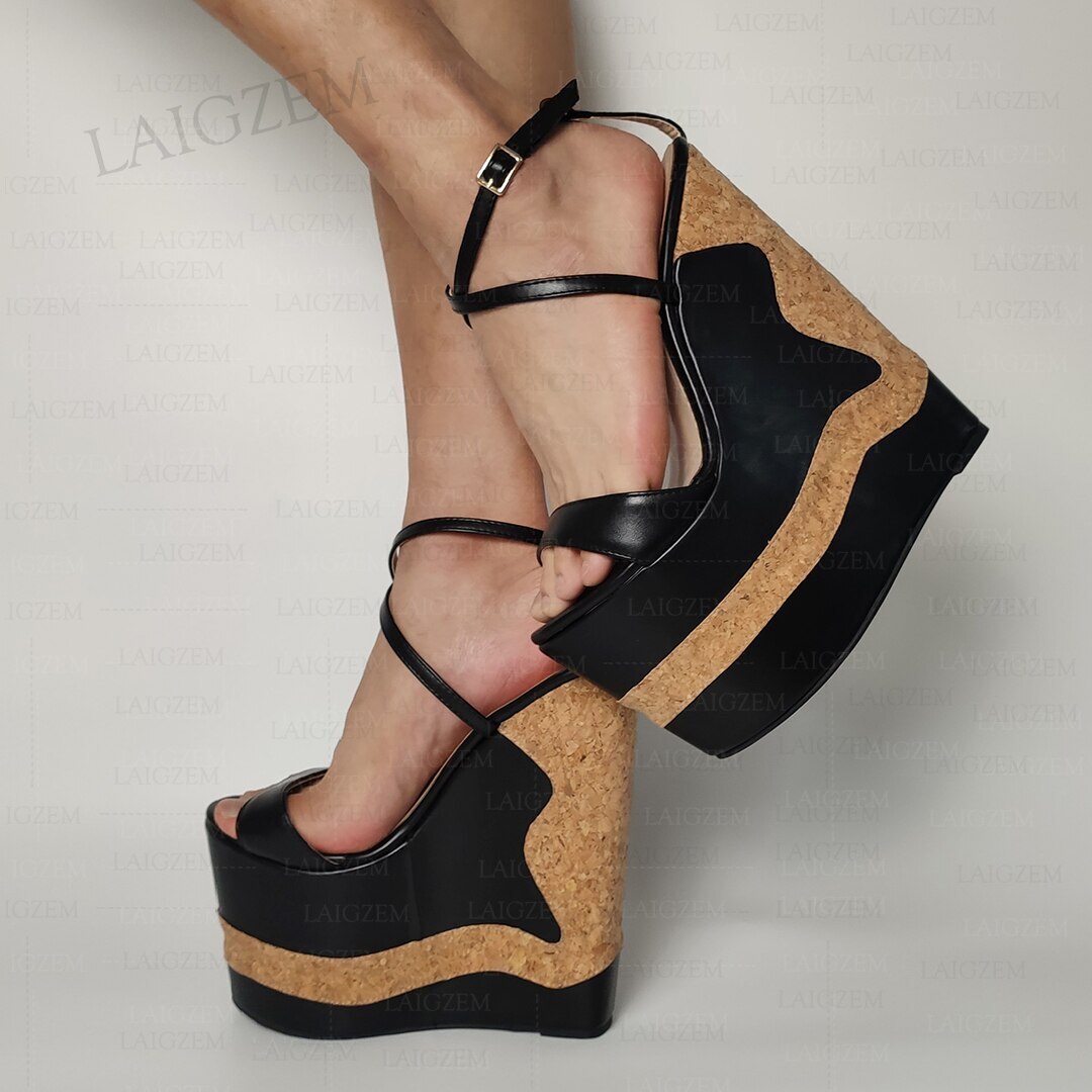 Women Sandals Patchwork Platform Wedges Extreme High Heels Pumps Height Increase