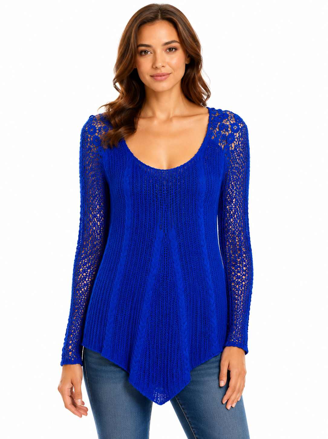 Blue Crochet Lace Top Women Butterfly Back Long Sleeve Boho Tunic Sheer Knit