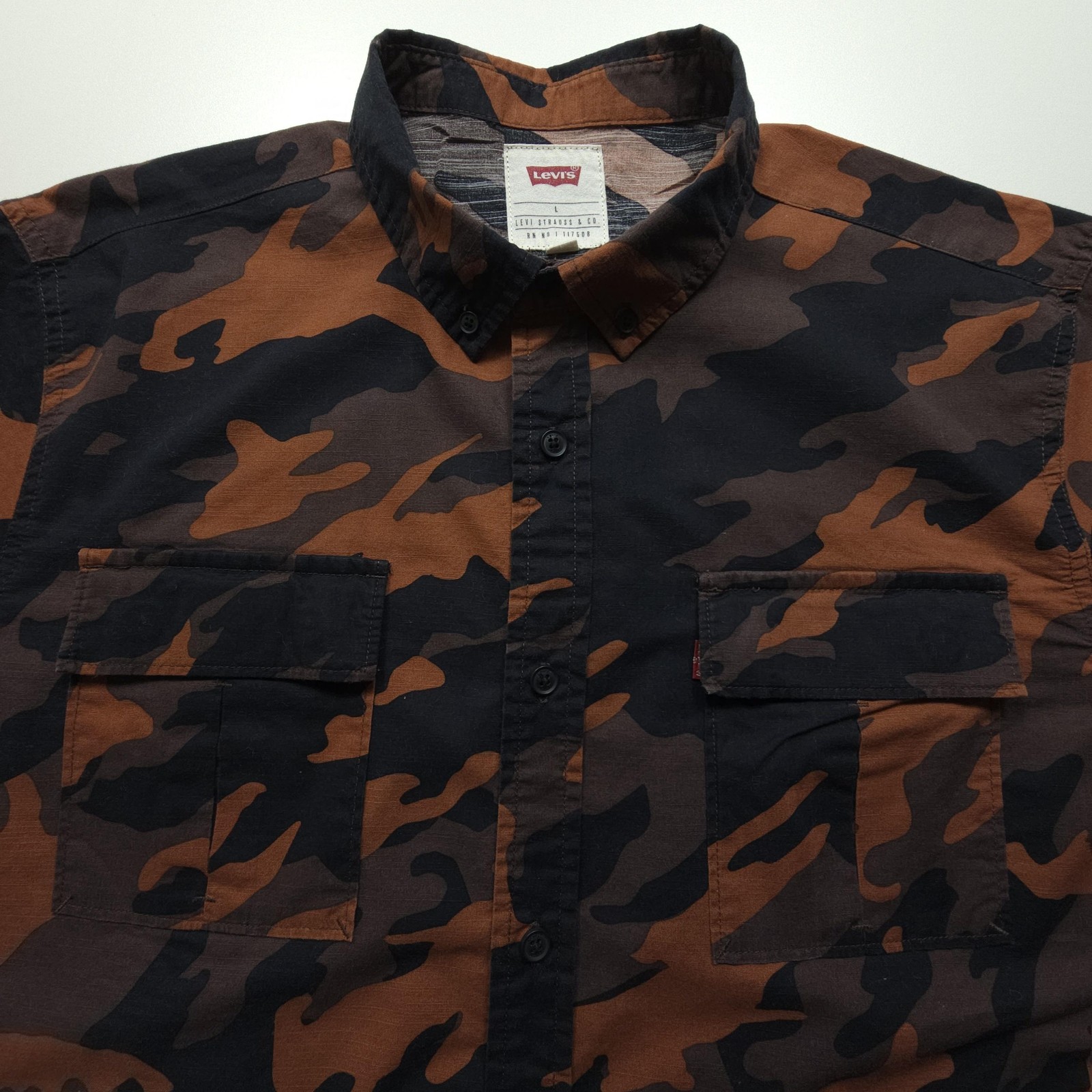Levis Mens Shirt Large Brown Black Camo Casual Workwear Hide Hunt Outdoors Camp