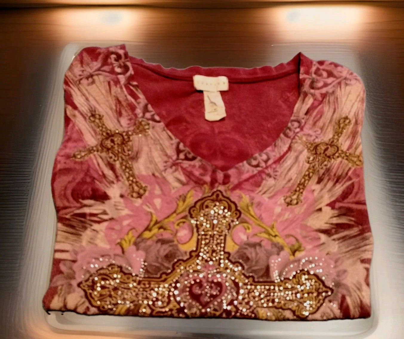 Xavier Women’s S Burgundy/Pink V-Neck Short Sleeve Rhinestone Cross T-Shirt