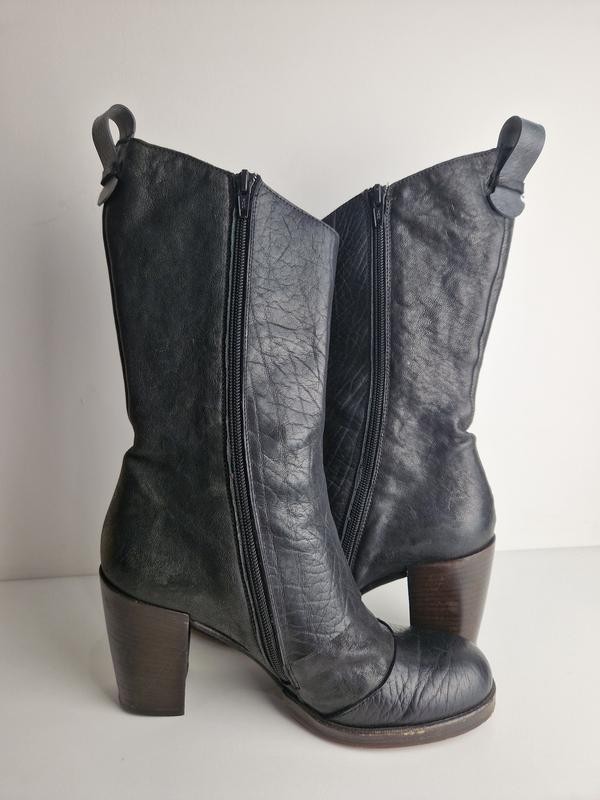 Vintage IXOS Black Leather Mid Calf Boots EU 38 US 7.5 Made in Italy Chunky Heel