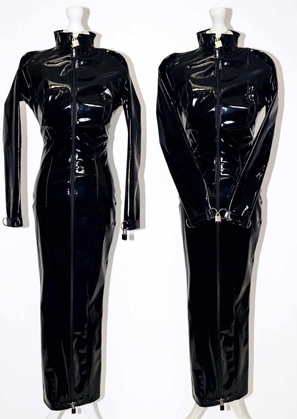 Misfitz blk PVC padlock hobble dress, two way zip. Lockable cuffs. SIZE 20. CD