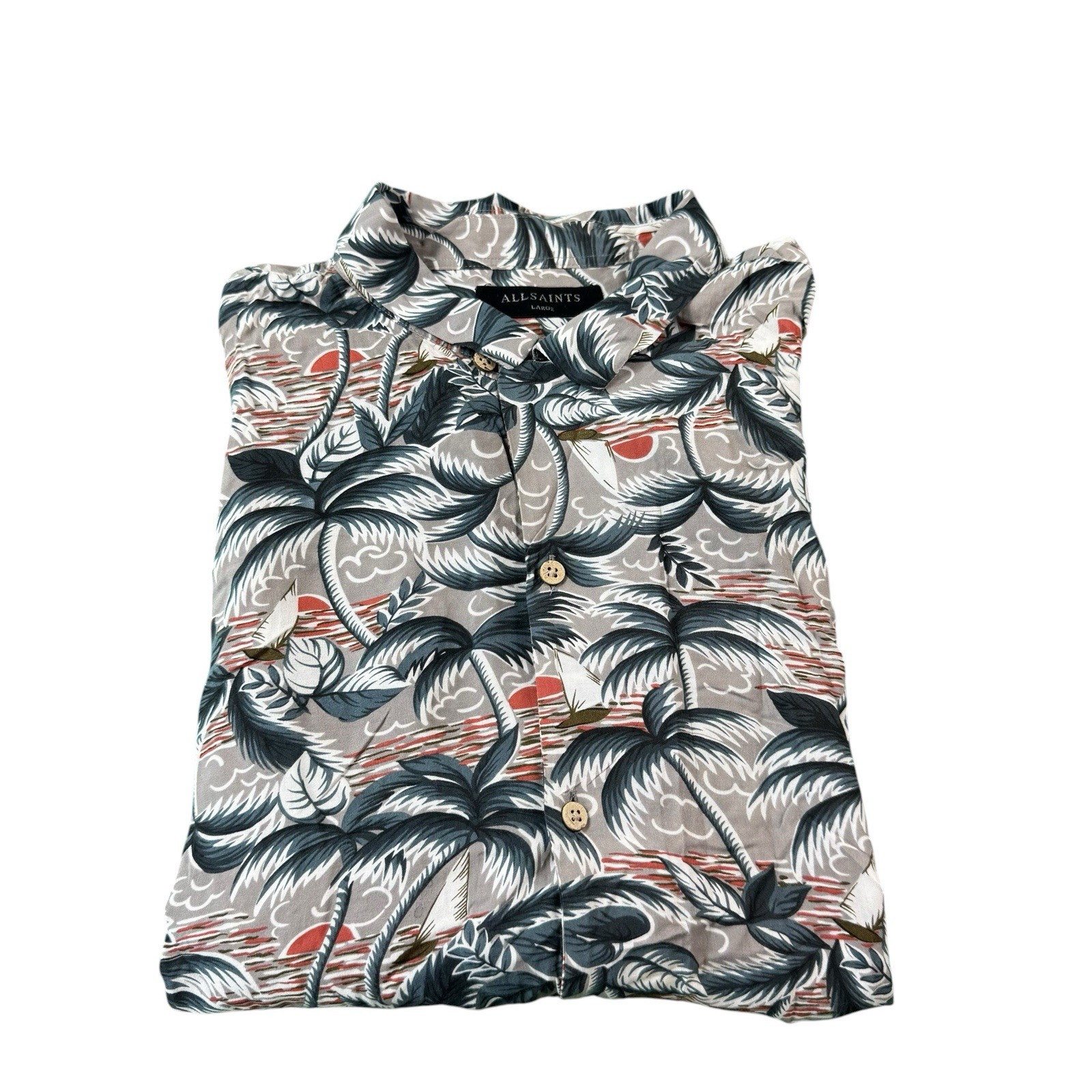 AllSaints Mens Shirt L Grey Blue Vanuatu Palm Tree Tropical Floral Hawaiian