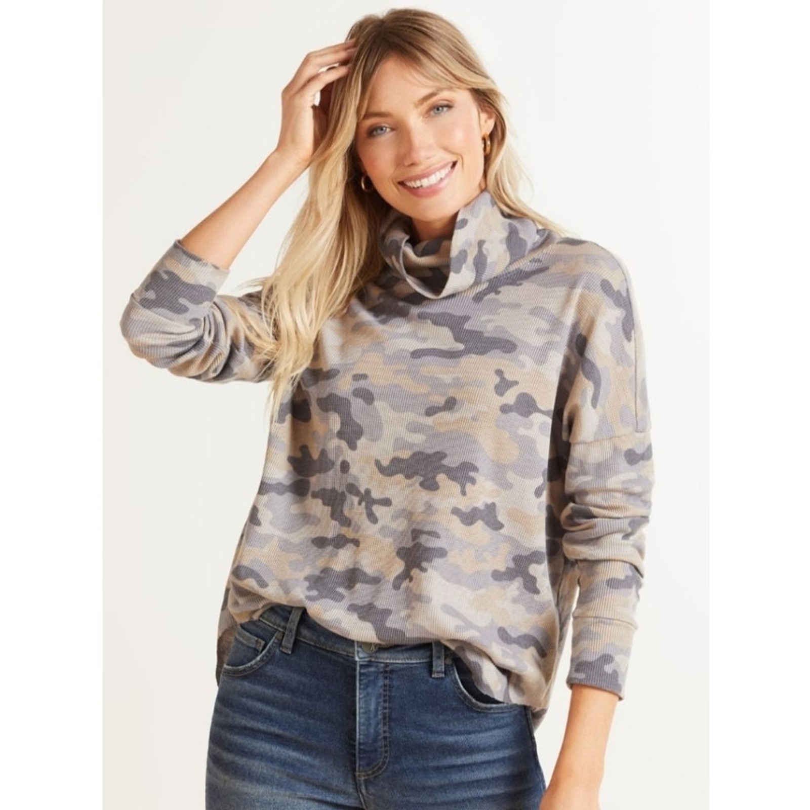 NWT Michael Stars Marcy Size Large Blue Camo Thermal Turtleneck Top Casual Layer