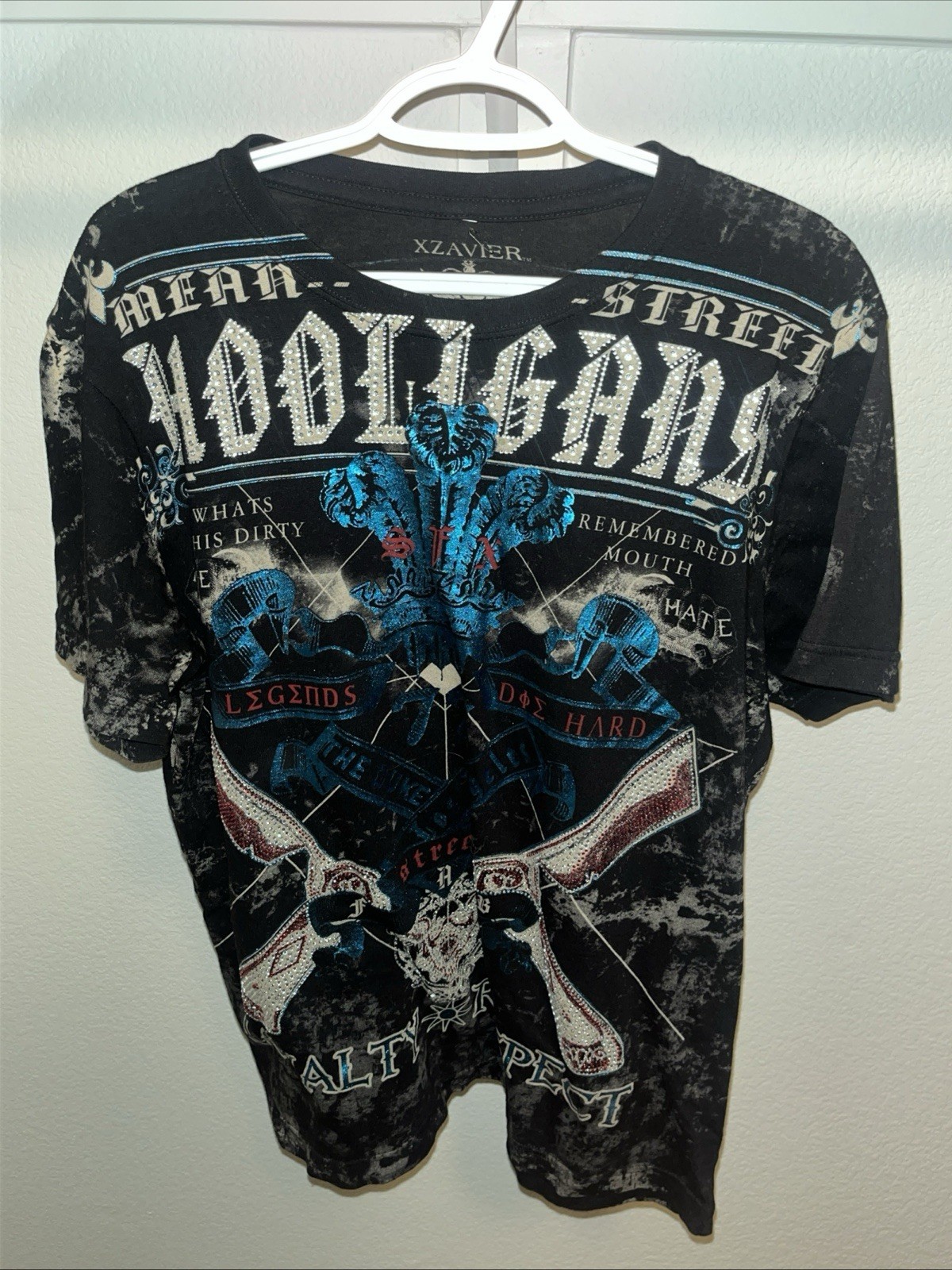 Xzavier Mens Acid Wash Graphic Rhinestone T Shirt Hooligans Loyalty Respect M