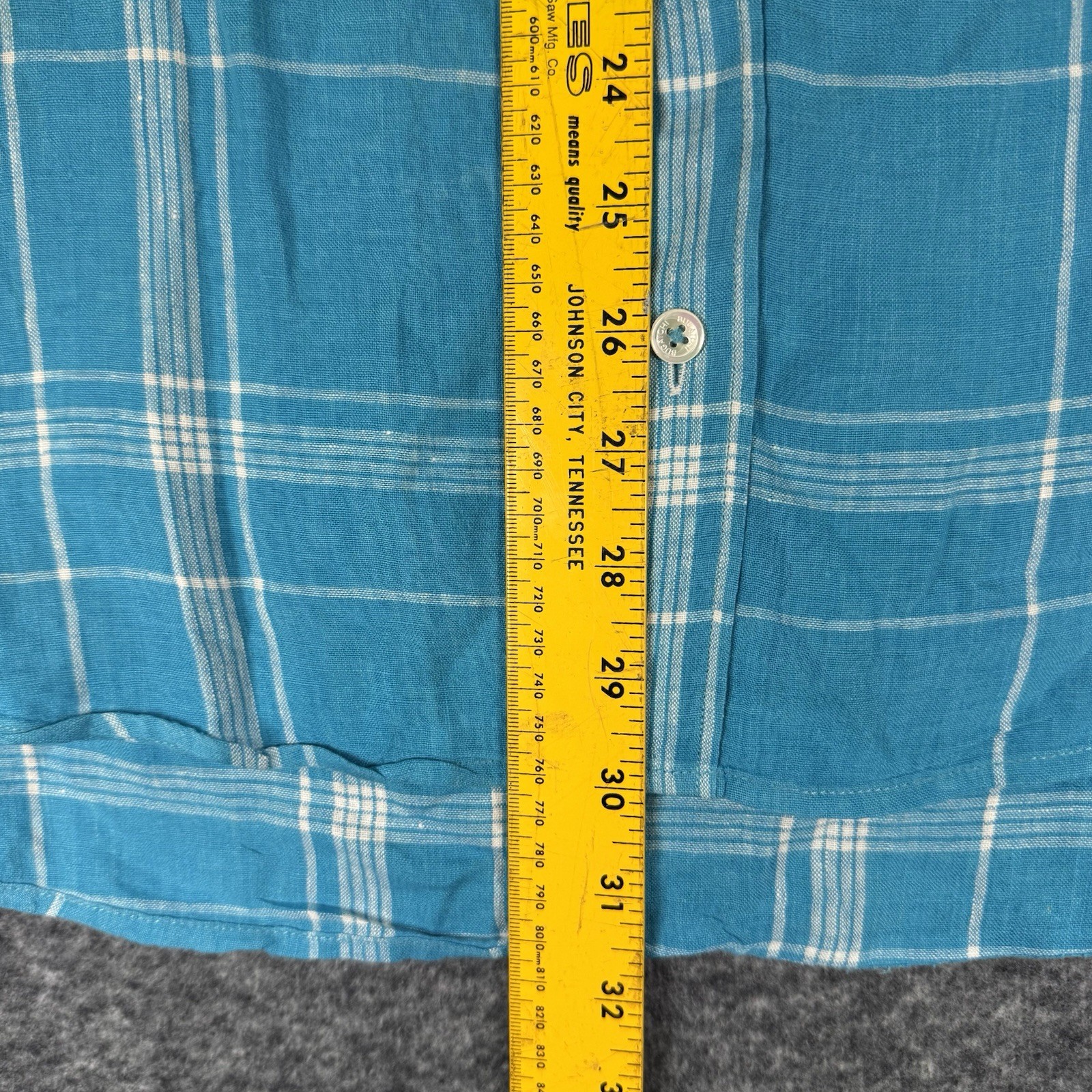 Bugatchi Linen Shirt Mens Lrg Blue Check Shaped Fit Button Up Short Sleeve A161