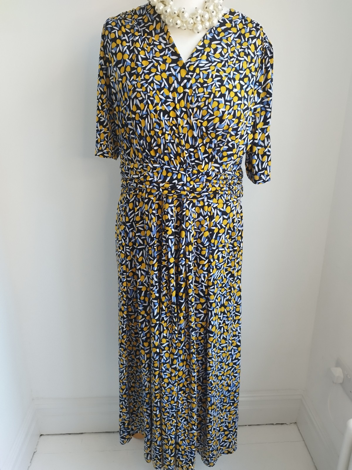JOLIE MOI Dress Midaxi Yellow Blue Pattern Fit & Flare Jersey Size UK 20
