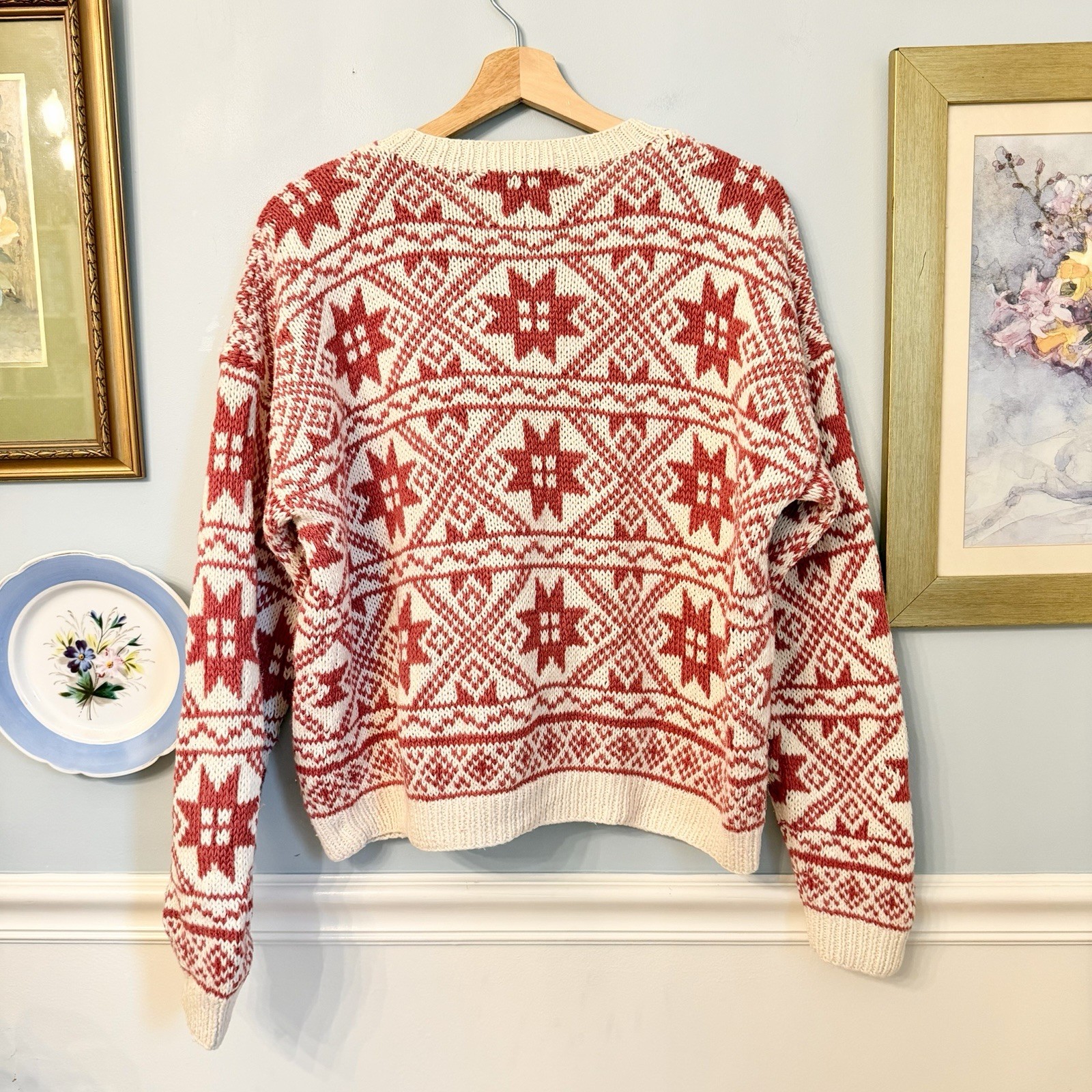 Vintage 90s LL Bean Sweater Size L Chunky Fair Isle Cottage Grandma Quilt Nordic