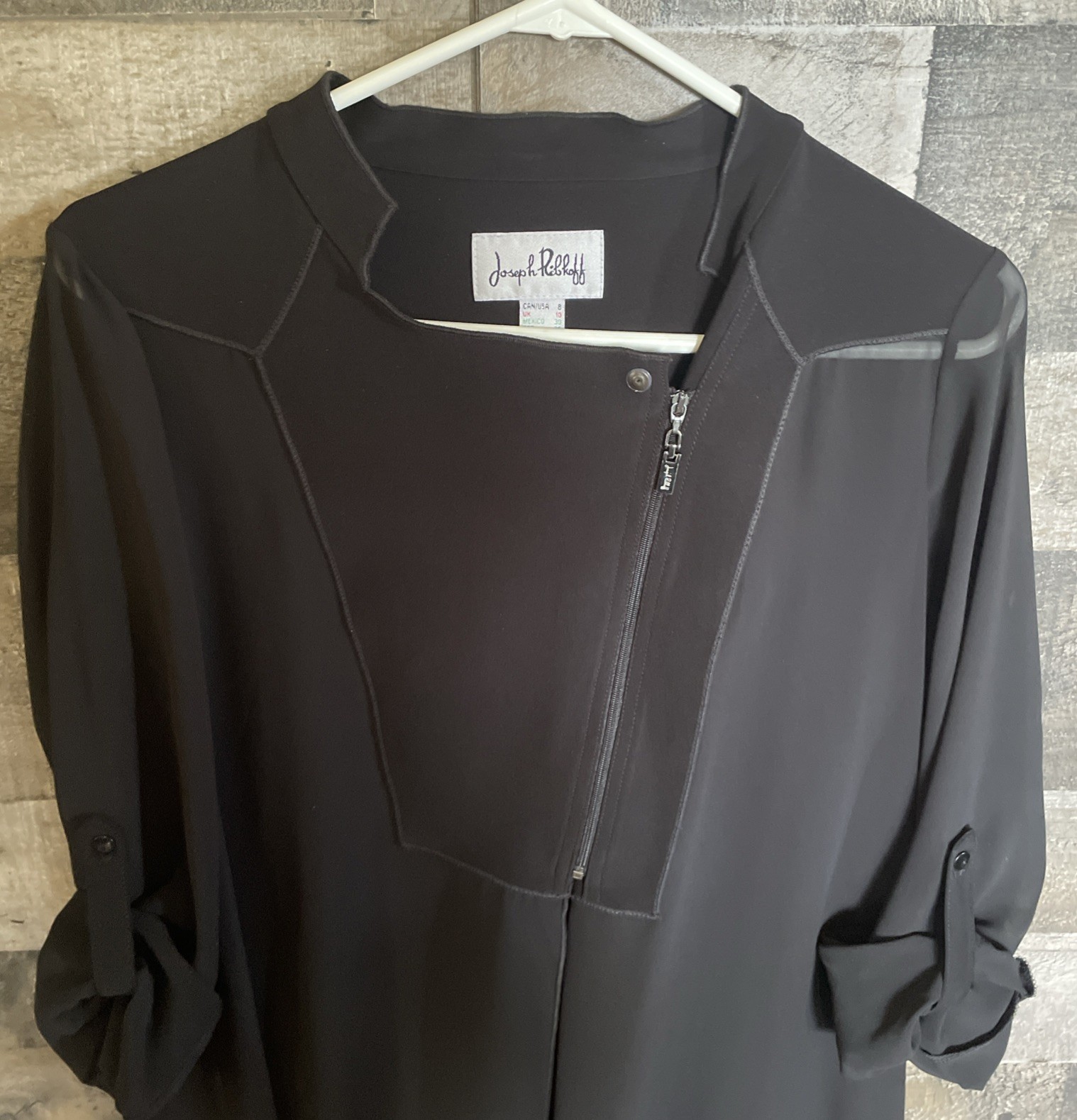 Joseph Ribkoff Asymmetrical Black Sheer Tunic Blouse Size 8 Med Zip Panel Flowy