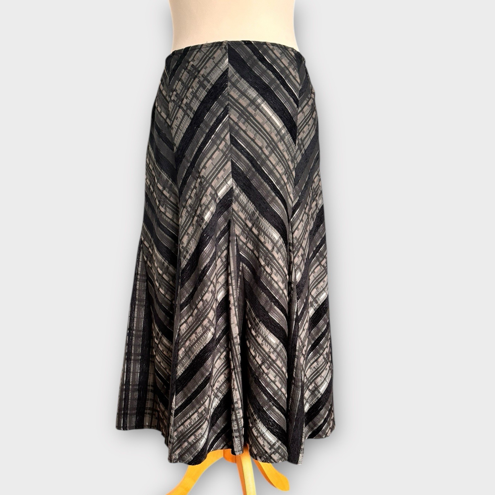 Marks & Spencer Vintage Y2K Skirt Fit 12 W30 Striped Grey Midi Whimsy Gothic