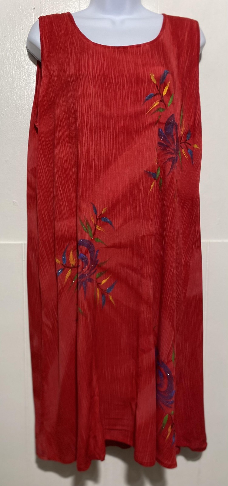 Tropical Batik Dress Womens One Size Red Sleeveless Hand Painted Floral Sundress