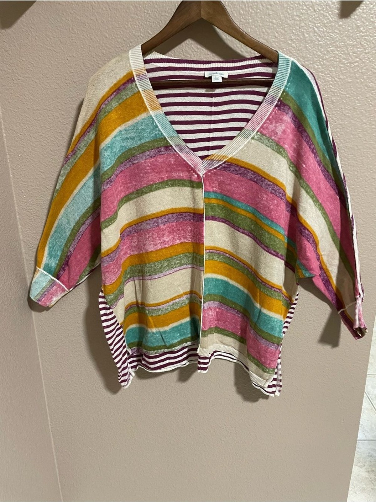 Sundance Multi-Stripe V-Neck Pullover in Pink, Teal, Mustard & Cream