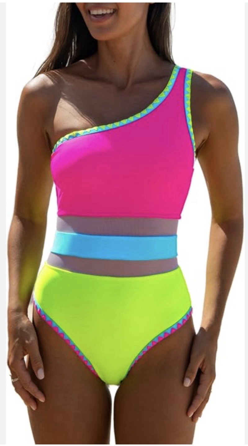 POPVIL Pink/Green/Blue Colorblock One-Shoulder 1-Piece Bikini suit S, M, L, XL