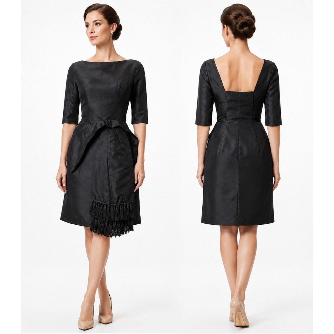 50s 60s Black Cocktail Dress Fringe Sash Low Back XS Audrey Style