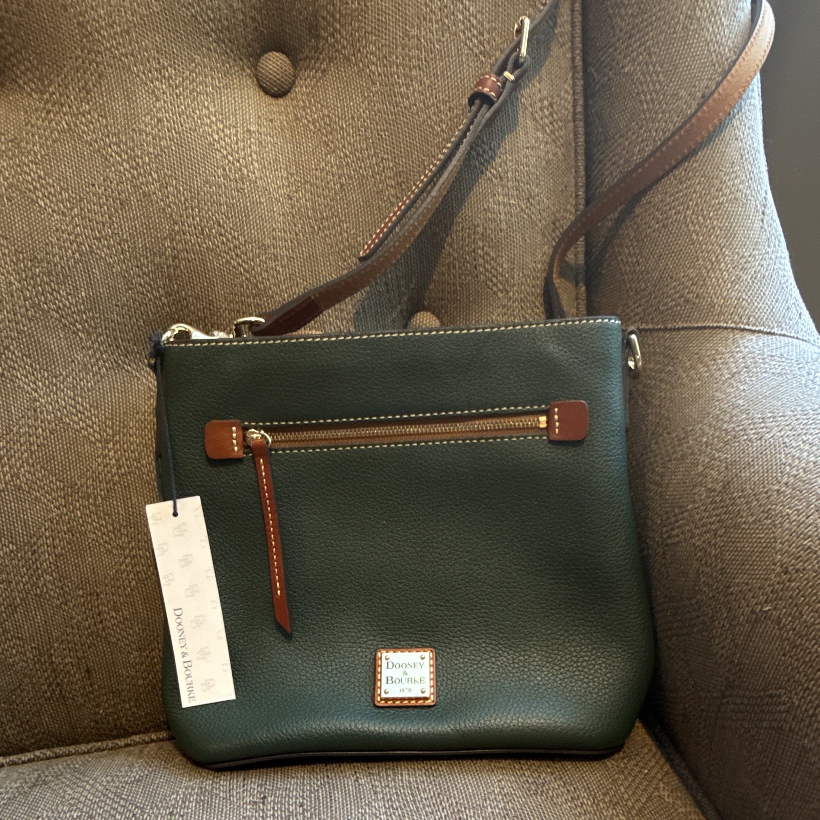 Dooney & Bourke Pebbled Green/Brown Zip Crossbody, Gold Hardware, Pockets