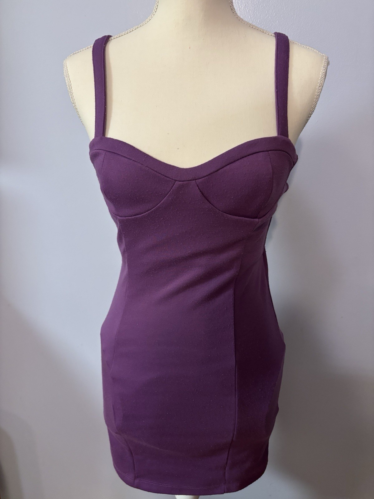 Charlotte Russe Dress Purple Knit Form Fitting Sz S EUC Straps And Weaved Back