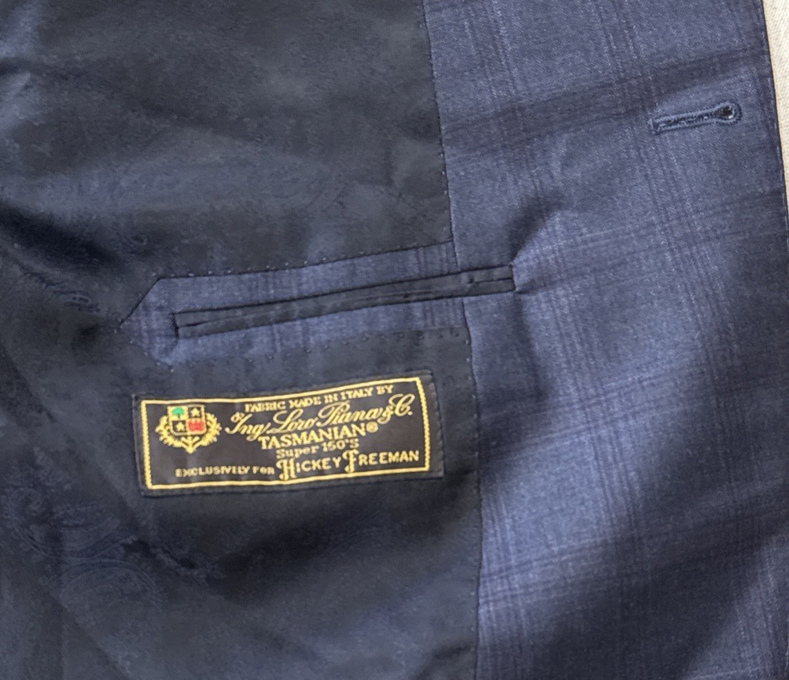 Hickey Freeman X Loro Piana 150’s Wool Men 2pc Blue Suit Size 42R Pant 36×30