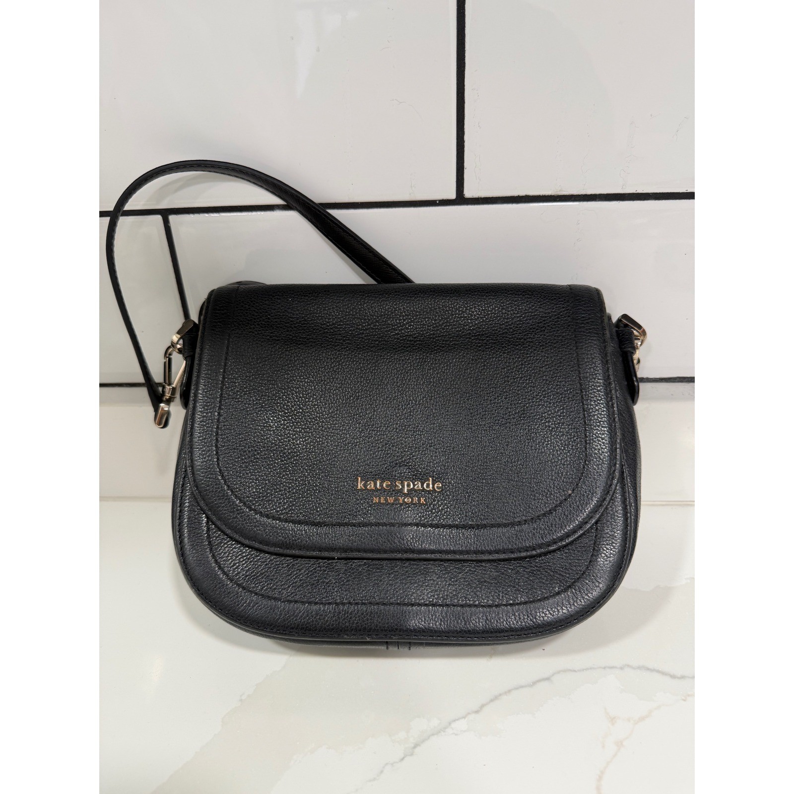 Kate Spade New York Black Pebbled Leather Crossbody Saddle Bag Gold Logo