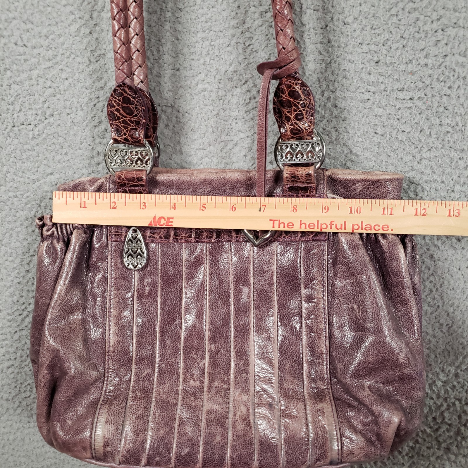 Brighton Purple Distressed Leather Shoulder Bag Pleat Elastic Pockets Heart Rare