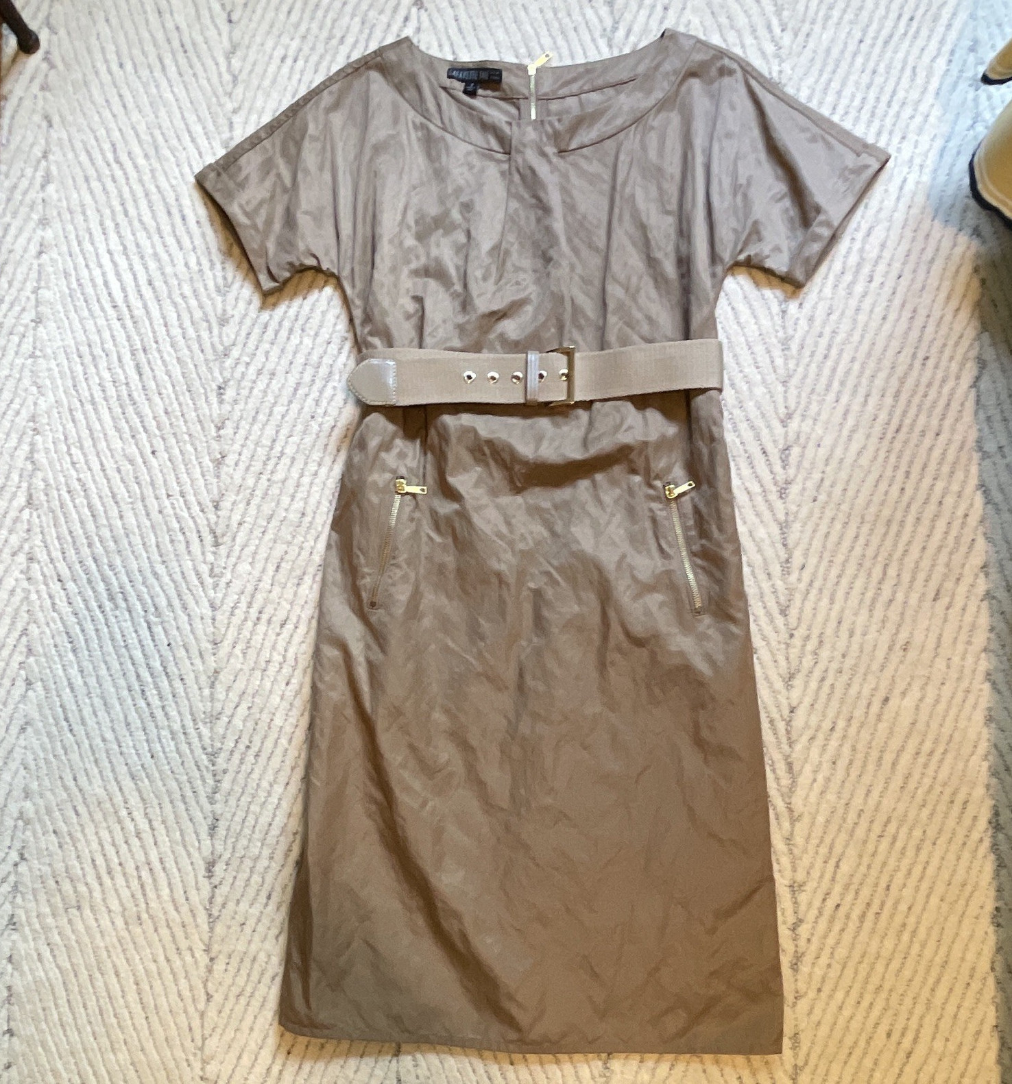 Lafayette 148 New York Taupe Satin Sheath Dress Boat Neck Belted Zip 4