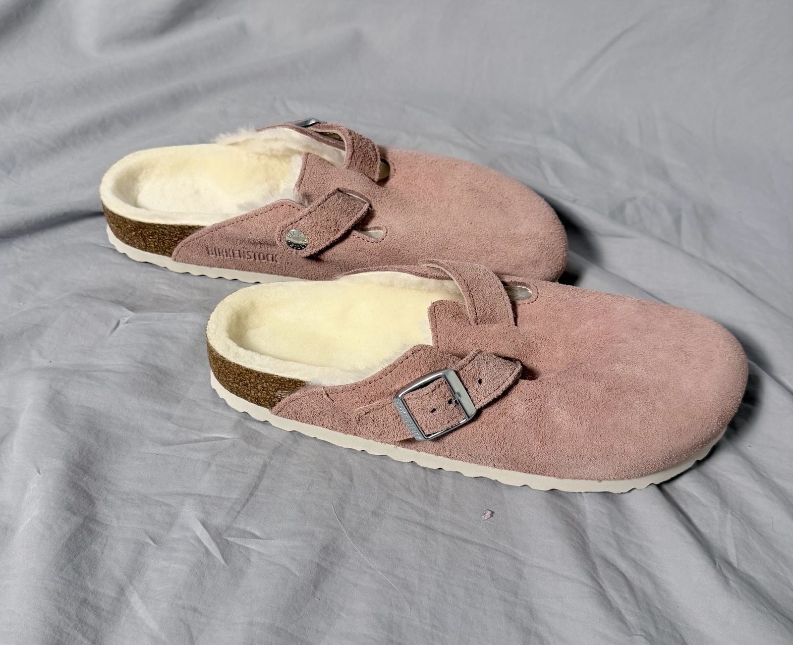 Birkenstock Boston Shearling Lined Suede Clogs in Pink Clay