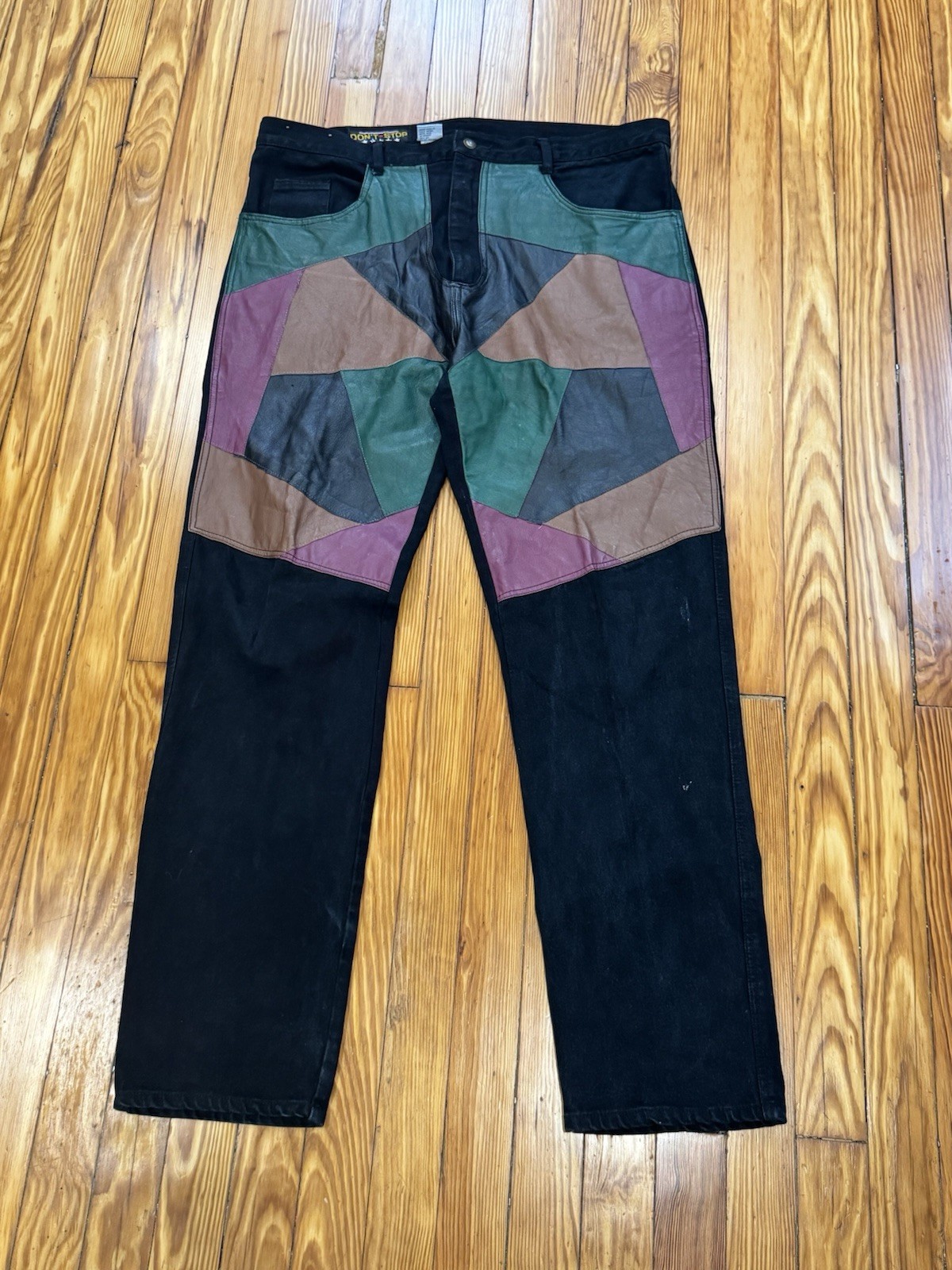 Don’t Stop Jeans Leather & Denim Leather Patchwork Black 80s Men’s 40×34 Vintage