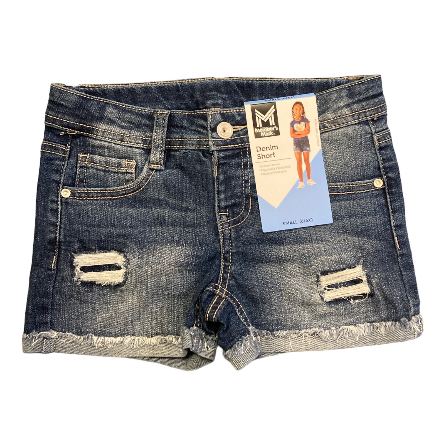 Member’s Mark Girl’s Stretch Adjustable Waistband Denim Short (Dark Wash, M