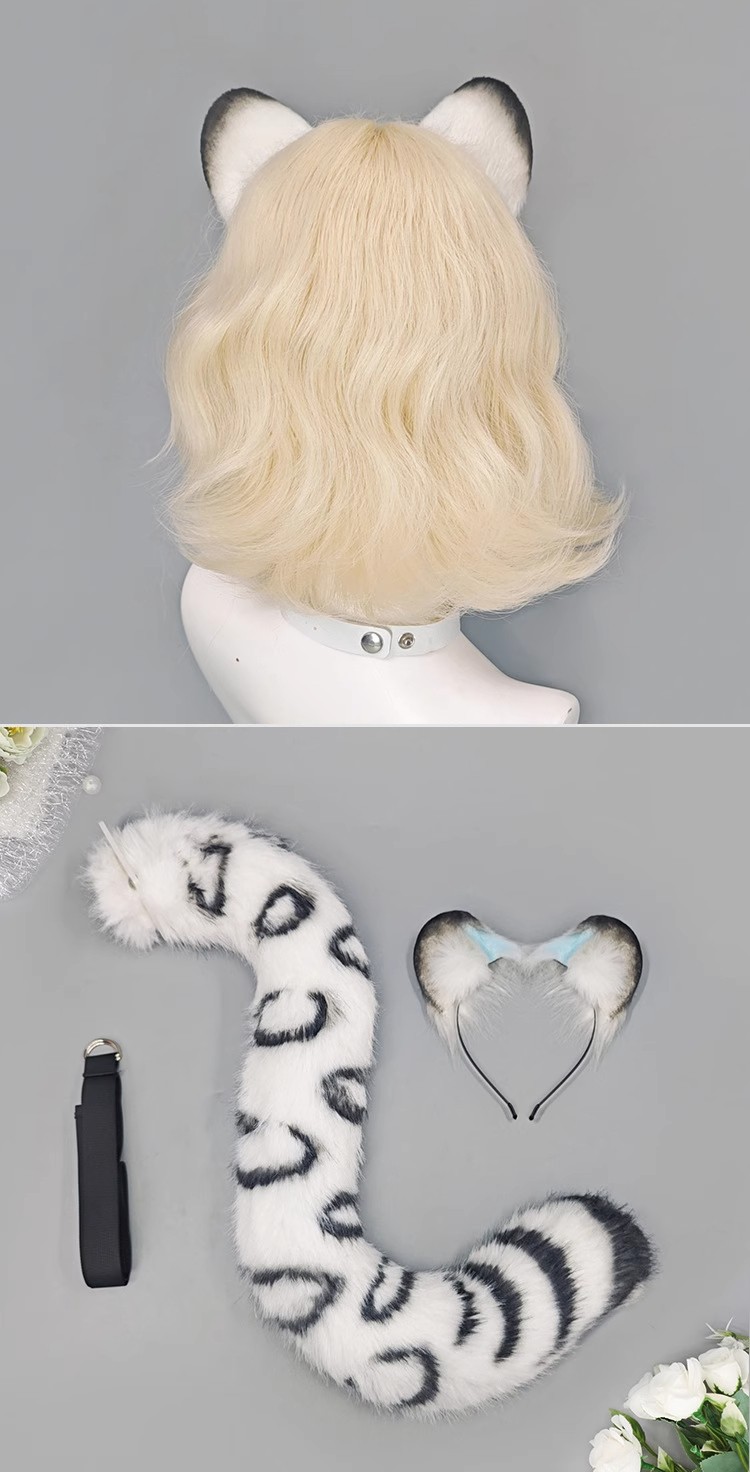 Snow Leopard Ears Headgear Headpiece 80cm Plush Tail Halloween Cosplay Prop Gift