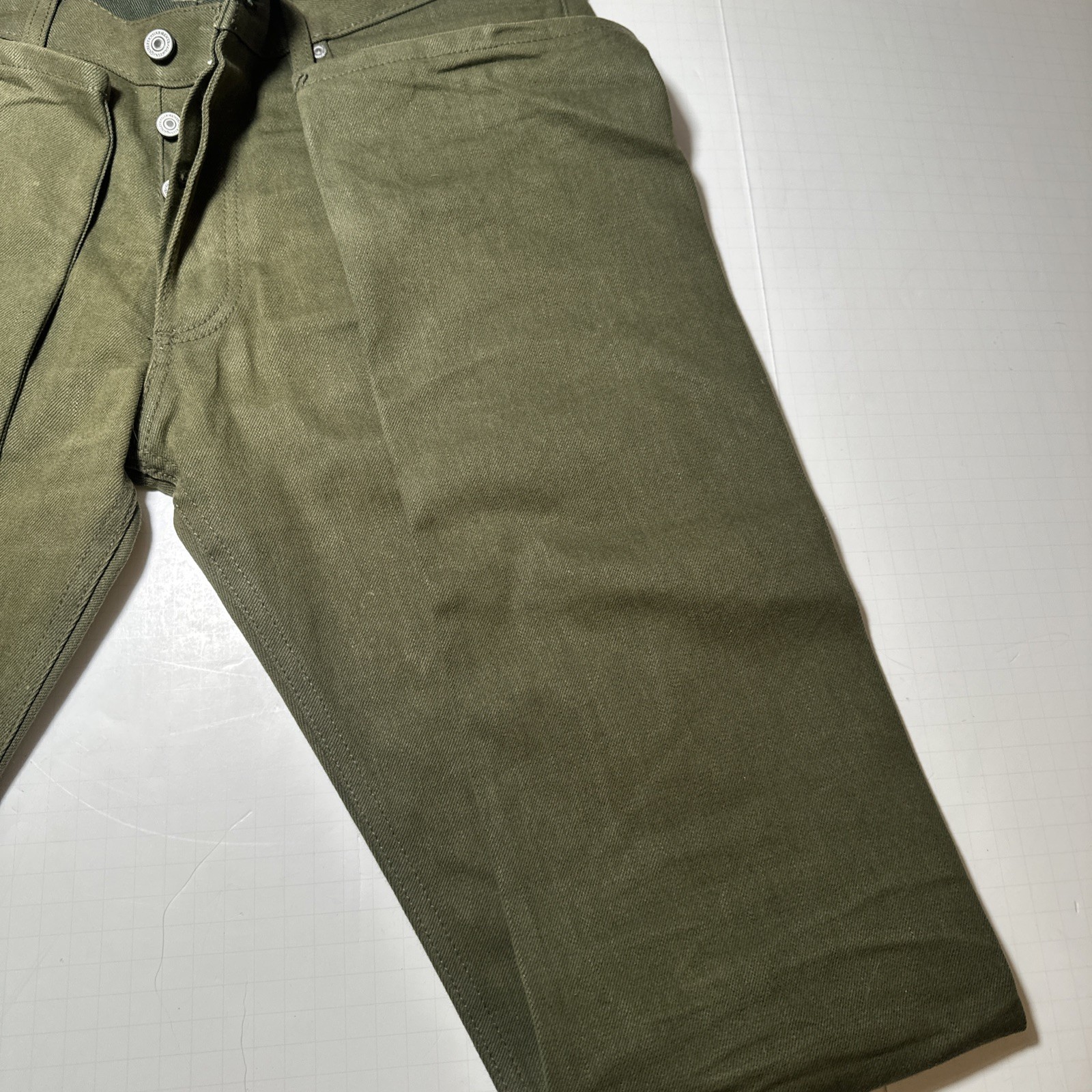 Gustin Mens Slim Fit Raw Selvedge Jeans Olive Green Size 34 x34 Made n USA Denim