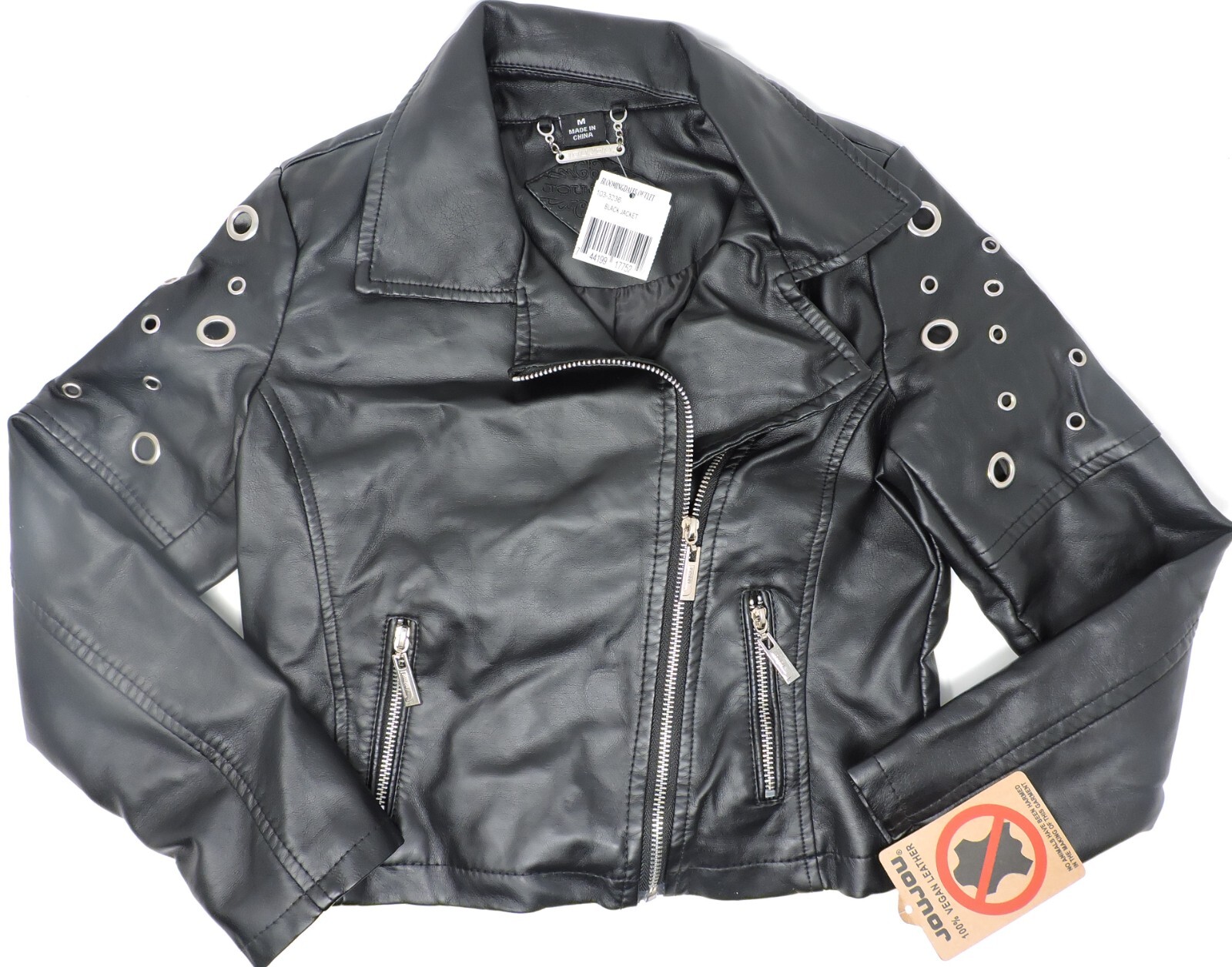 Jou Jou Girls 100% Vegan Leather Grommet Full Zip Black Moto Biker Jacket