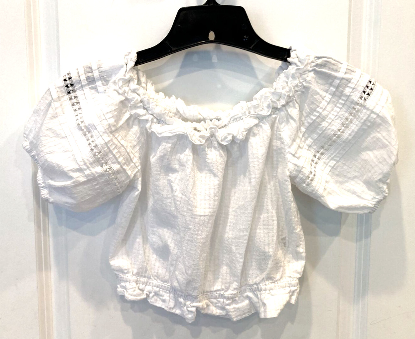 Divided HM Crop Top Women XXXS White Off Shoulder Open Stitch Balloon Sleeve 3XS