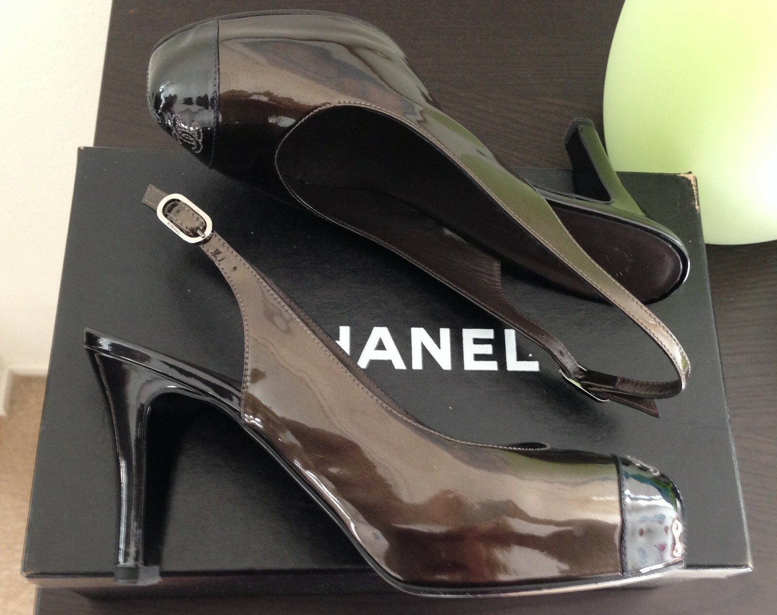 Auth Chanel CC LOGO TOE bronze w/ black slingback pumps box bags SZ 7 US 37 EU