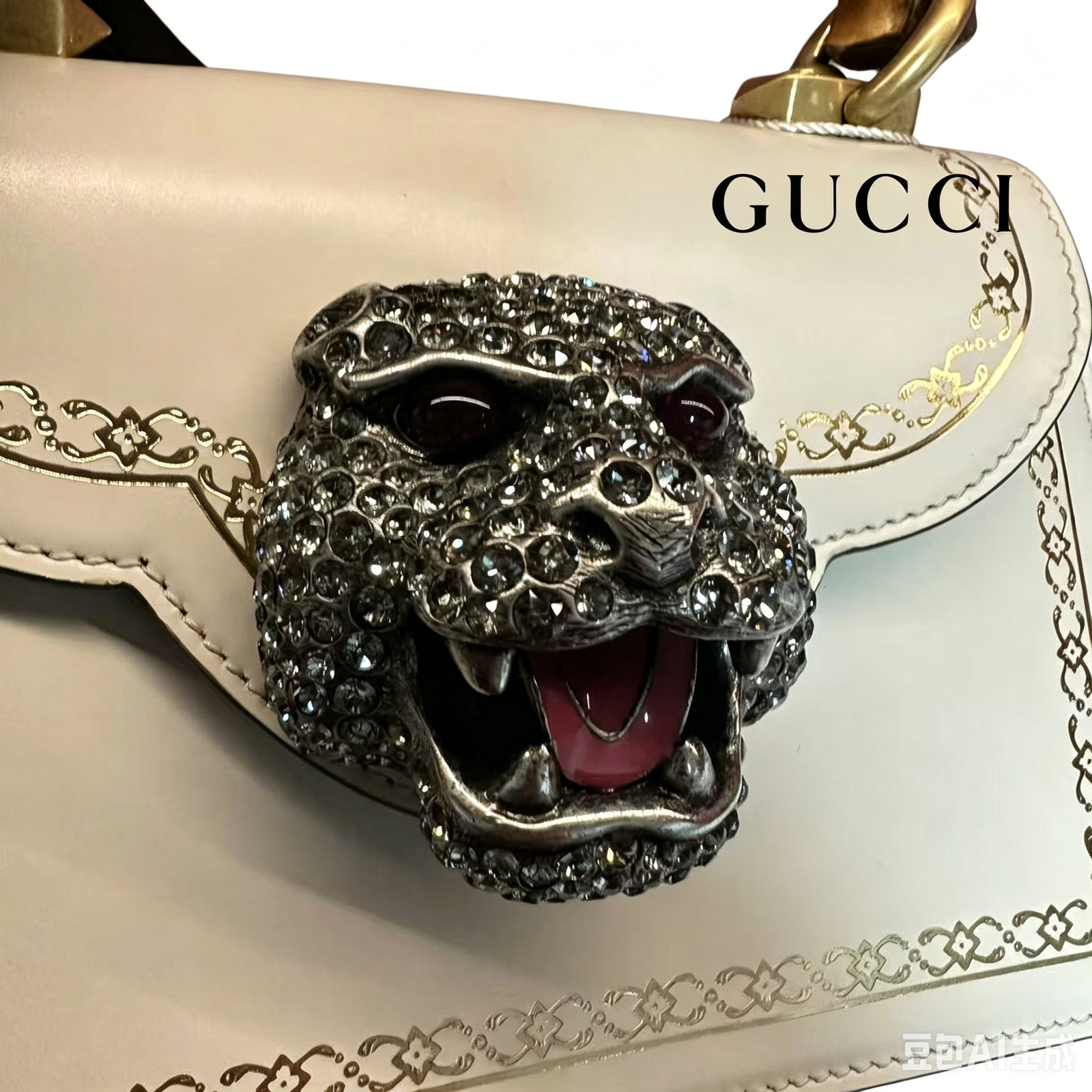 Auth Gucci Bamboo Handle Bag White Leather Tiger Head Limited Edition USA